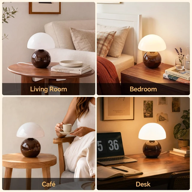 Alt view image 7 of 7 - Mushroom Lamp Table Lamp for Bedroom-Small Desk Table Lamps,Coffee | 8.7" Mid Century Modern Table Lamps for Living Room Bedroom Decor,Cute Ceramic Lamps for Mushroom Home Room Decor,Glass Shade