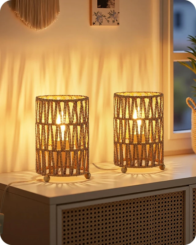 Main image of Boho Table Lamps Set of 2, Rattan-Style Small Bedside Lamps | Handwoven Paper Lampshade, 2400K LED Bulbs Included, Plug-In Nightstand Lamps, E26 Accent Table Lamps for Bedroom, Desk Decor