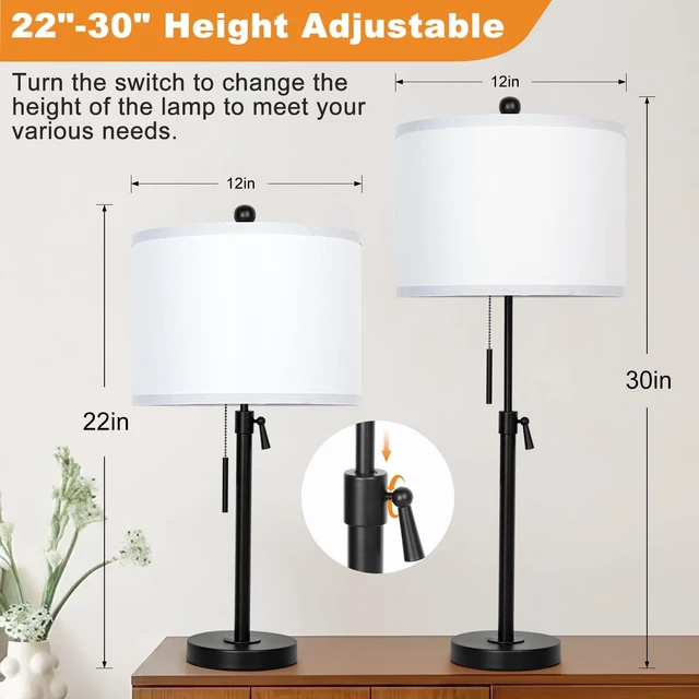 Alt view image 2 of 6 - Table Lamps Set of 2, 22" to 30" Adjustable Nightstand Lamps for Bedroom, Dimmable End Table Lamps for Living Room Console Entry Farmhouse Home Decor, New House Warming Gifts
