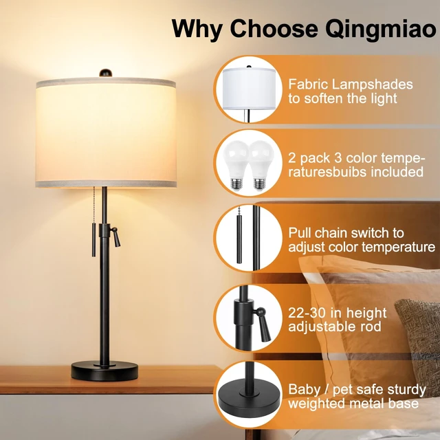 Alt view image 4 of 6 - Table Lamps Set of 2, 22" to 30" Adjustable Nightstand Lamps for Bedroom, Dimmable End Table Lamps for Living Room Console Entry Farmhouse Home Decor, New House Warming Gifts