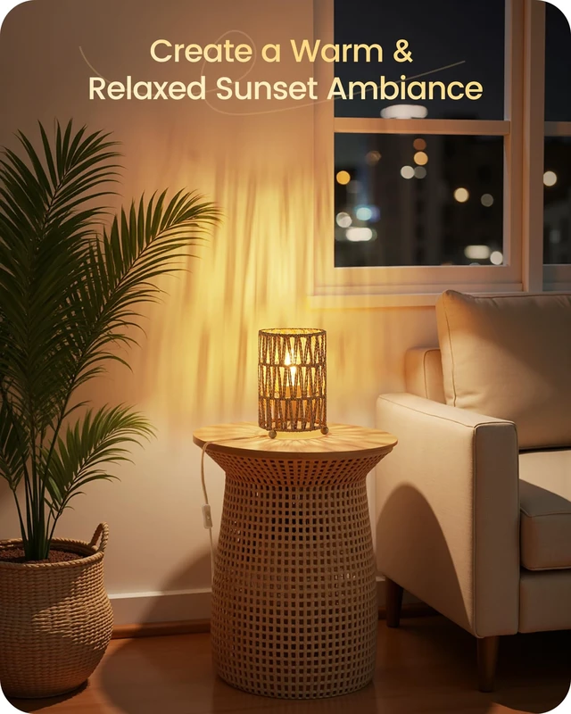 Alt view image 3 of 7 - Boho Table Lamps Set of 2, Rattan-Style Small Bedside Lamps | Handwoven Paper Lampshade, 2400K LED Bulbs Included, Plug-In Nightstand Lamps, E26 Accent Table Lamps for Bedroom, Desk Decor