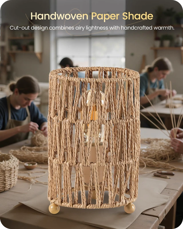 Alt view image 4 of 7 - Boho Table Lamps Set of 2, Rattan-Style Small Bedside Lamps | Handwoven Paper Lampshade, 2400K LED Bulbs Included, Plug-In Nightstand Lamps, E26 Accent Table Lamps for Bedroom, Desk Decor