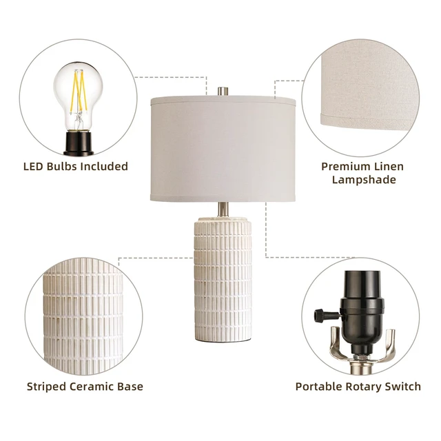 Alt view image 7 of 7 - 23'' Set of 2 Modern Ceramic Table Lamps for Living Room Bedroom | Nightstand Farmhouse Beige White Desk Lamp for Bedside End Table Entryway Home Decor, 2 LED Bulbs Included