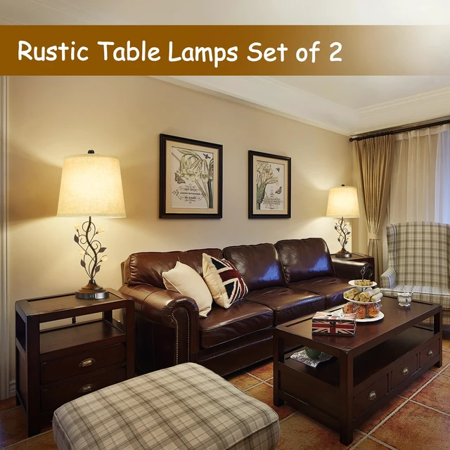 Alt view image 5 of 7 - 24.5 Table Lamps Set of 2 for Bedroom Living Room Bedside, Black | 2 USB Charging Ports, Farmhouse Rustic Style, Unique Leaf Design, Perfect for Bedrooms Nightstand End Tables Decor