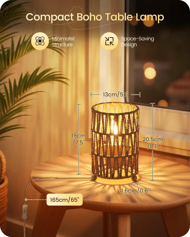 Alt view image 7 of 7 - Boho Table Lamps Set of 2, Rattan-Style Small Bedside Lamps | Handwoven Paper Lampshade, 2400K LED Bulbs Included, Plug-In Nightstand Lamps, E26 Accent Table Lamps for Bedroom, Desk Decor