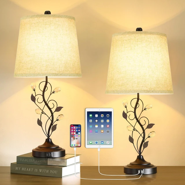 Main image of 24.5 Table Lamps Set of 2 for Bedroom Living Room Bedside, Black | 2 USB Charging Ports, Farmhouse Rustic Style, Unique Leaf Design, Perfect for Bedrooms Nightstand End Tables Decor