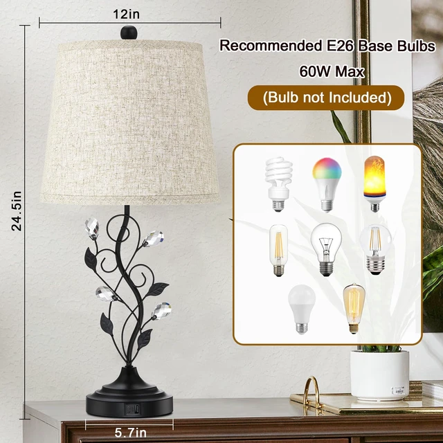 Alt view image 6 of 7 - 24.5 Table Lamps Set of 2 for Bedroom Living Room Bedside, Black | 2 USB Charging Ports, Farmhouse Rustic Style, Unique Leaf Design, Perfect for Bedrooms Nightstand End Tables Decor