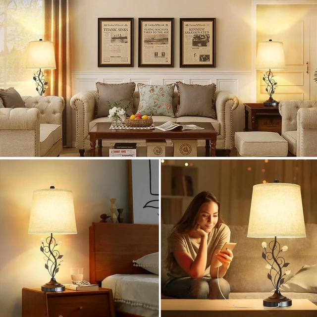 Alt view image 7 of 7 - 24.5 Table Lamps Set of 2 for Bedroom Living Room Bedside, Black | 2 USB Charging Ports, Farmhouse Rustic Style, Unique Leaf Design, Perfect for Bedrooms Nightstand End Tables Decor