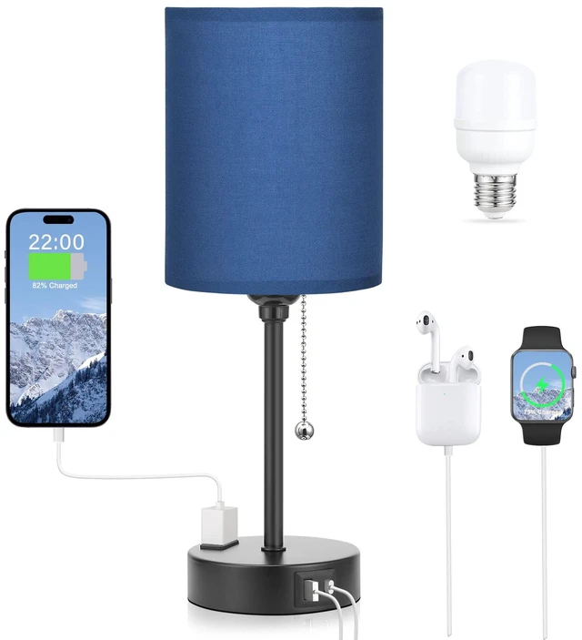 Main image of Small Bedside Table Lamp for Bedroom - Desk Lamp with USB Ports for Dorm | USB A+C Ports, AC Outlet, 3 Color Temperatures, LED Bulb Included, Navy Blue Shade, Matte Black Base, 14" Night Stand Lamp