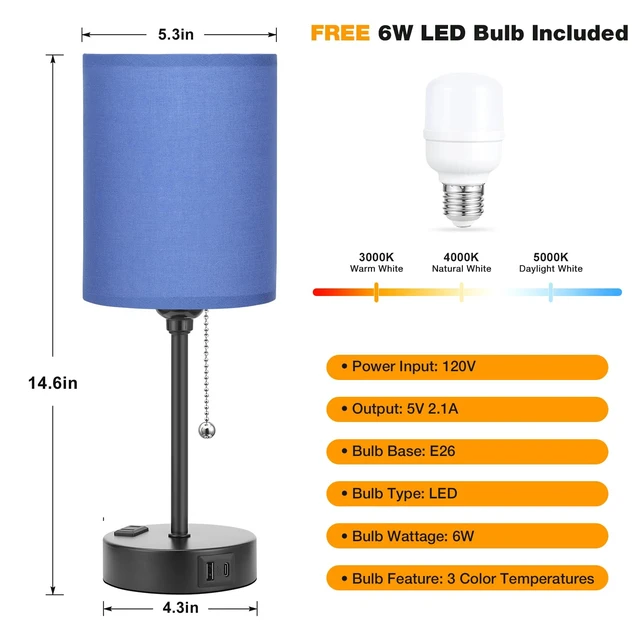 Alt view image 4 of 7 - Small Bedside Table Lamp for Bedroom - Desk Lamp with USB Ports for Dorm | USB A+C Ports, AC Outlet, 3 Color Temperatures, LED Bulb Included, Navy Blue Shade, Matte Black Base, 14" Night Stand Lamp