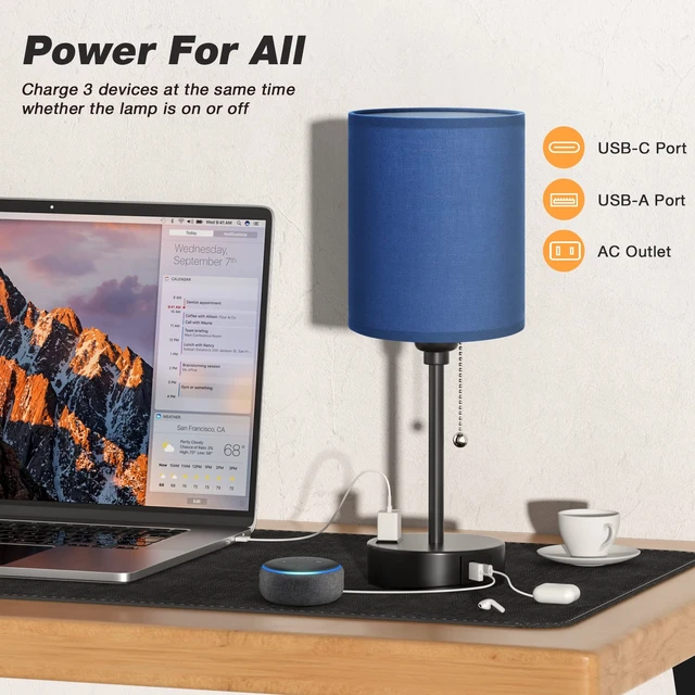 Alt view image 3 of 7 - Small Bedside Table Lamp for Bedroom - Desk Lamp with USB Ports for Dorm | USB A+C Ports, AC Outlet, 3 Color Temperatures, LED Bulb Included, Navy Blue Shade, Matte Black Base, 14" Night Stand Lamp