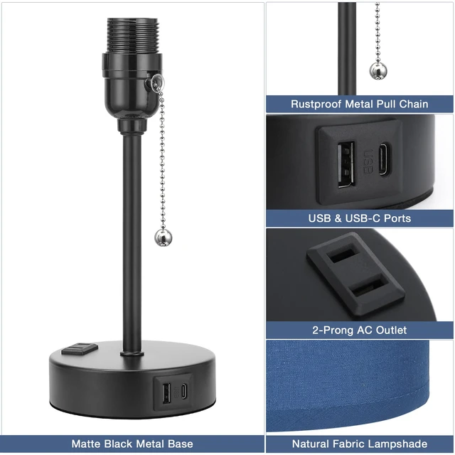 Alt view image 5 of 7 - Small Bedside Table Lamp for Bedroom - Desk Lamp with USB Ports for Dorm | USB A+C Ports, AC Outlet, 3 Color Temperatures, LED Bulb Included, Navy Blue Shade, Matte Black Base, 14" Night Stand Lamp