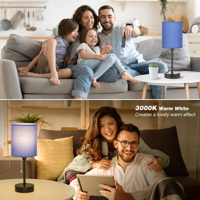 Alt view image 6 of 7 - Small Bedside Table Lamp for Bedroom - Desk Lamp with USB Ports for Dorm | USB A+C Ports, AC Outlet, 3 Color Temperatures, LED Bulb Included, Navy Blue Shade, Matte Black Base, 14" Night Stand Lamp