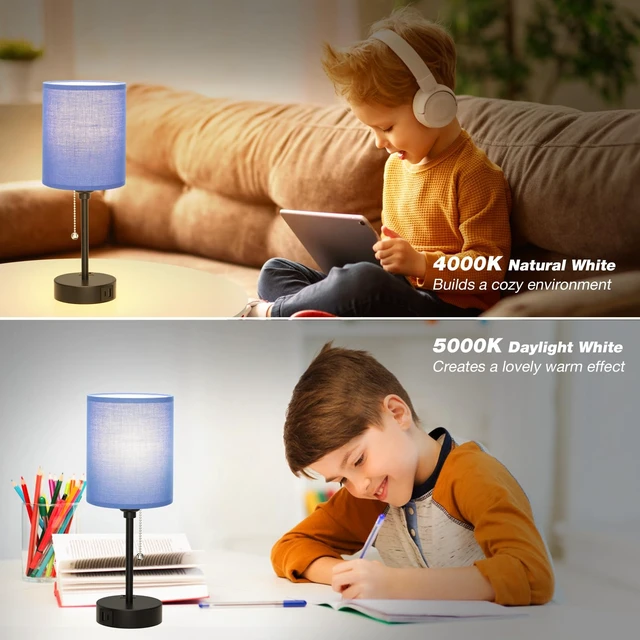 Alt view image 7 of 7 - Small Bedside Table Lamp for Bedroom - Desk Lamp with USB Ports for Dorm | USB A+C Ports, AC Outlet, 3 Color Temperatures, LED Bulb Included, Navy Blue Shade, Matte Black Base, 14" Night Stand Lamp