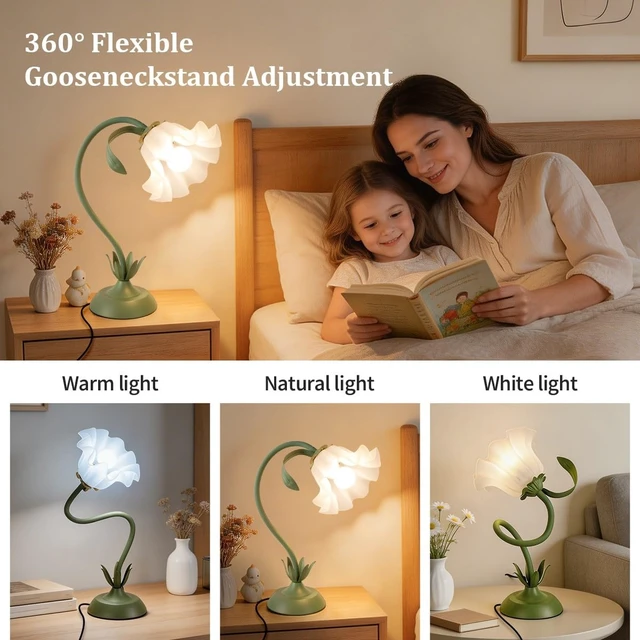Alt view image 2 of 7 - Flower Table Lamp Cute Lily Desk Lamp Bedside Night Light -Green | 3 Colors Flower Reading Light with E26 Bulb,Adjustable Flexible DIY Floral Lamps for Living Room Office Bedroom Home Decor