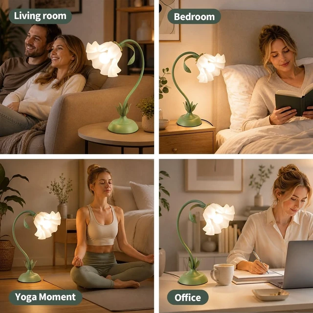 Alt view image 7 of 7 - Flower Table Lamp Cute Lily Desk Lamp Bedside Night Light -Green | 3 Colors Flower Reading Light with E26 Bulb,Adjustable Flexible DIY Floral Lamps for Living Room Office Bedroom Home Decor