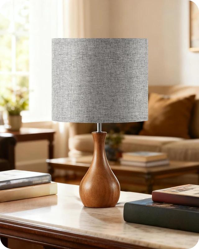 Main image of Gray Table Lamp, 14.2" Small Bedside Lamp, Compact Desk Lamp with Gray Linen Lampshade & Dark Walnut Base, Modern Nightstand Lamp for Bedroom, Kid's Room, Office, E26 Socket, LH09TL05