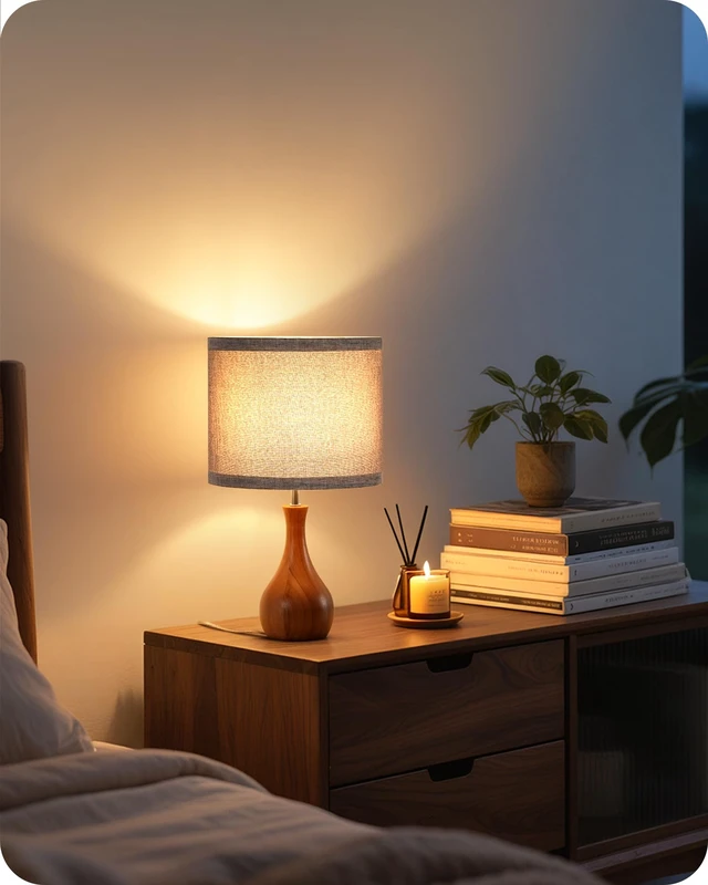 Alt view image 2 of 7 - Gray Table Lamp, 14.2" Small Bedside Lamp, Compact Desk Lamp with Gray Linen Lampshade & Dark Walnut Base, Modern Nightstand Lamp for Bedroom, Kid's Room, Office, E26 Socket, LH09TL05
