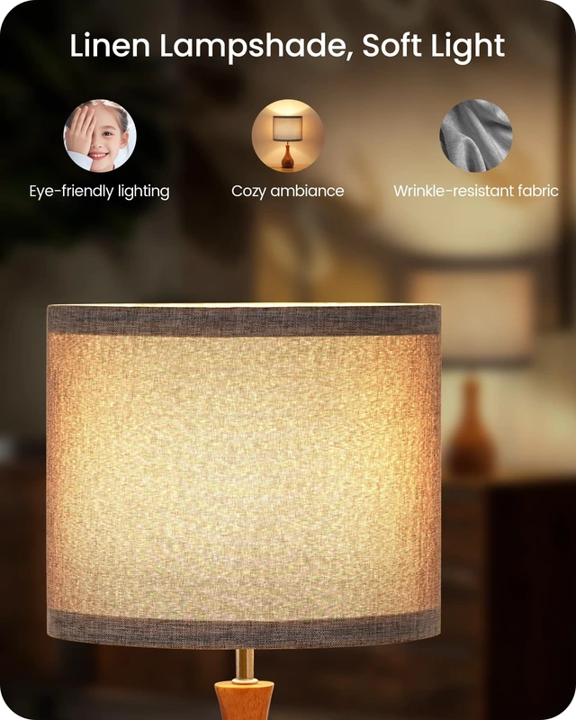 Alt view image 3 of 7 - Gray Table Lamp, 14.2" Small Bedside Lamp, Compact Desk Lamp with Gray Linen Lampshade & Dark Walnut Base, Modern Nightstand Lamp for Bedroom, Kid's Room, Office, E26 Socket, LH09TL05
