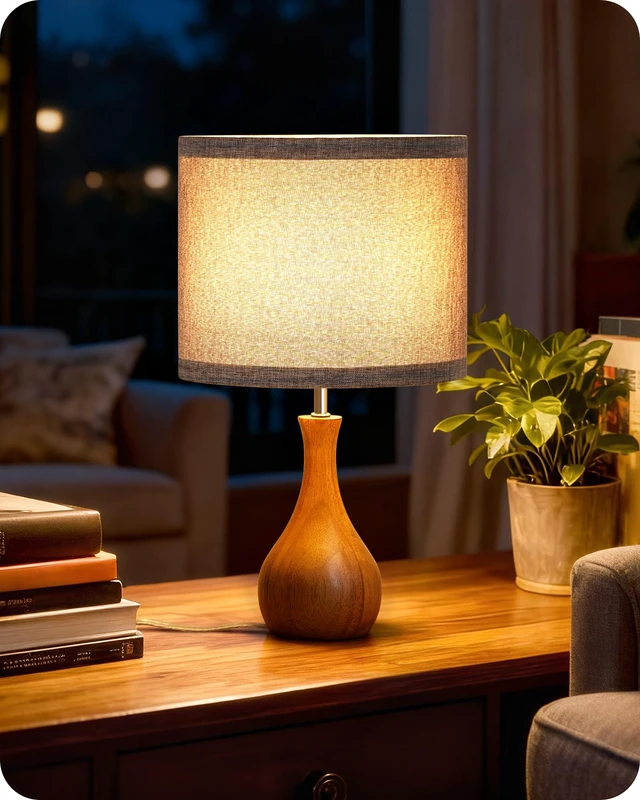 Alt view image 6 of 7 - Gray Table Lamp, 14.2" Small Bedside Lamp, Compact Desk Lamp with Gray Linen Lampshade & Dark Walnut Base, Modern Nightstand Lamp for Bedroom, Kid's Room, Office, E26 Socket, LH09TL05