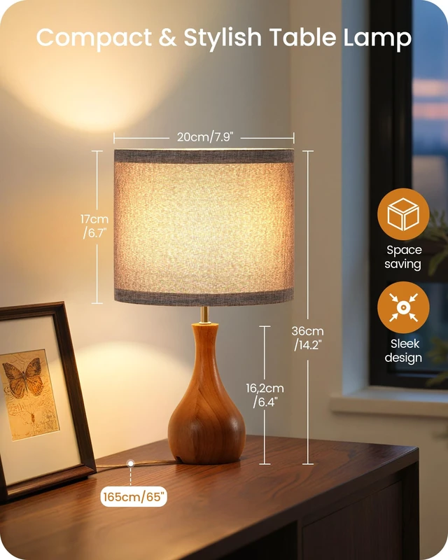 Alt view image 5 of 7 - Gray Table Lamp, 14.2" Small Bedside Lamp, Compact Desk Lamp with Gray Linen Lampshade & Dark Walnut Base, Modern Nightstand Lamp for Bedroom, Kid's Room, Office, E26 Socket, LH09TL05