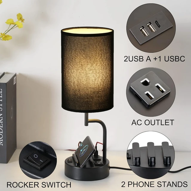 Alt view image 2 of 7 - Table Lamp with 3 USB Charging Ports, Modern Desk Lamp with AC Outlet and Phone Stands, Perfect Bedside Lamp for Bedroom, Living Room, Office (Pack of 2), Black