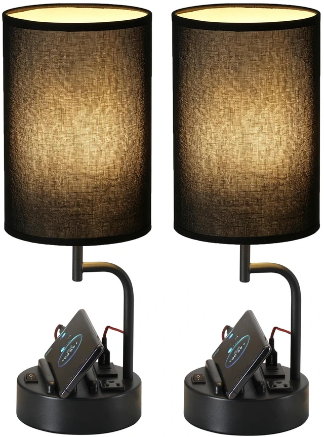 Main image of Table Lamp with 3 USB Charging Ports, Modern Desk Lamp with AC Outlet and Phone Stands, Perfect Bedside Lamp for Bedroom, Living Room, Office (Pack of 2), Black