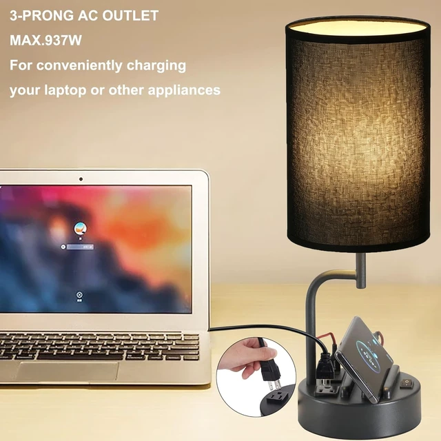 Alt view image 4 of 7 - Table Lamp with 3 USB Charging Ports, Modern Desk Lamp with AC Outlet and Phone Stands, Perfect Bedside Lamp for Bedroom, Living Room, Office (Pack of 2), Black