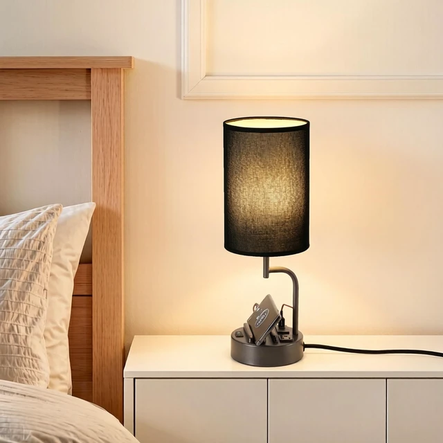 Alt view image 6 of 7 - Table Lamp with 3 USB Charging Ports, Modern Desk Lamp with AC Outlet and Phone Stands, Perfect Bedside Lamp for Bedroom, Living Room, Office (Pack of 2), Black