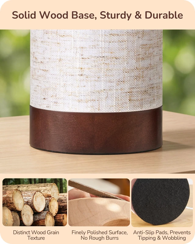 Alt view image 2 of 7 - 9.85" Small Table Lamp, Cylindrical Beige Linen Lampshade, E26 | Wood Bedside Lamp, ON-OFF Switch, No Assembly, Cute Nightstand Lamp for Kid Room, Living Room, Dormitory, Dark Walnut