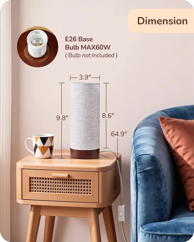 Alt view image 4 of 7 - 9.85" Small Table Lamp, Cylindrical Beige Linen Lampshade, E26 | Wood Bedside Lamp, ON-OFF Switch, No Assembly, Cute Nightstand Lamp for Kid Room, Living Room, Dormitory, Dark Walnut