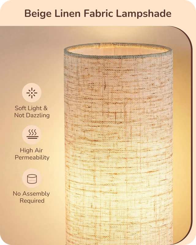 Alt view image 3 of 7 - 9.85" Small Table Lamp, Cylindrical Beige Linen Lampshade, E26 | Wood Bedside Lamp, ON-OFF Switch, No Assembly, Cute Nightstand Lamp for Kid Room, Living Room, Dormitory, Dark Walnut