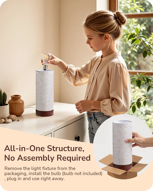 Alt view image 5 of 7 - 9.85" Small Table Lamp, Cylindrical Beige Linen Lampshade, E26 | Wood Bedside Lamp, ON-OFF Switch, No Assembly, Cute Nightstand Lamp for Kid Room, Living Room, Dormitory, Dark Walnut