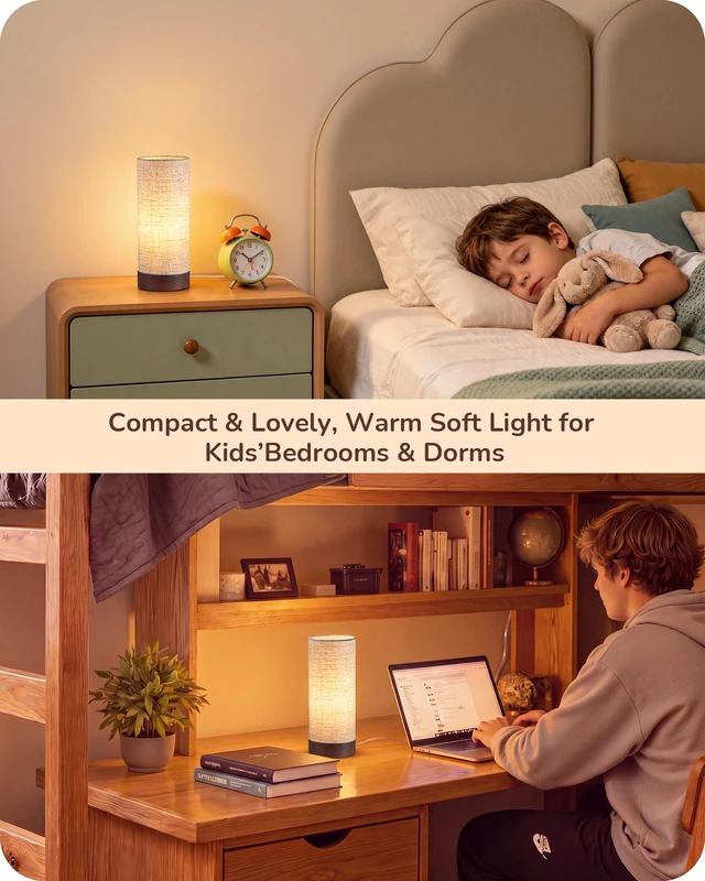 Alt view image 6 of 7 - 9.85" Small Table Lamp, Cylindrical Beige Linen Lampshade, E26 | Wood Bedside Lamp, ON-OFF Switch, No Assembly, Cute Nightstand Lamp for Kid Room, Living Room, Dormitory, Dark Walnut