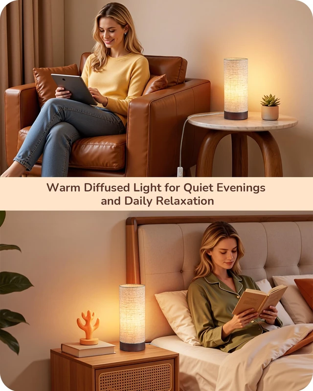 Alt view image 7 of 7 - 9.85" Small Table Lamp, Cylindrical Beige Linen Lampshade, E26 | Wood Bedside Lamp, ON-OFF Switch, No Assembly, Cute Nightstand Lamp for Kid Room, Living Room, Dormitory, Dark Walnut