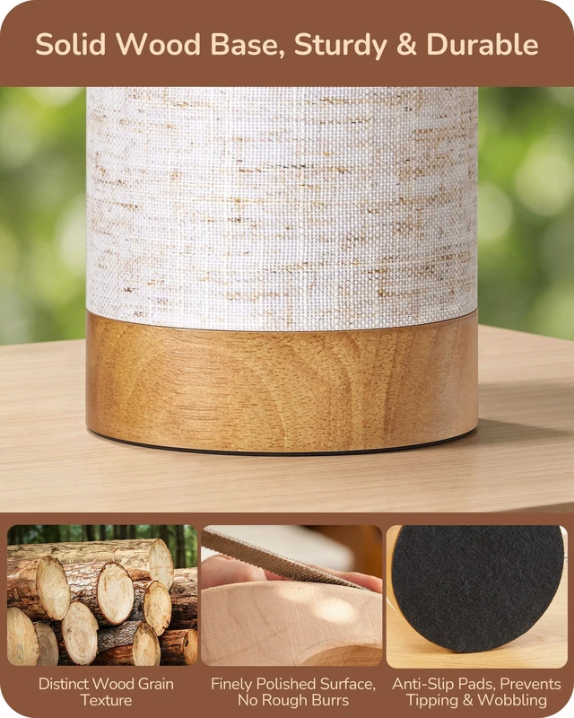 Alt view image 2 of 7 - 9.85" Wood Table Lamp, Cylindrical Beige Linen Lampshade, E26 | ON-OFF Switch, No Assembly Required Nightstand Lamp, Small Bedside Lamp for Bedroom, Kids Room, Living Room, Rosewood Color