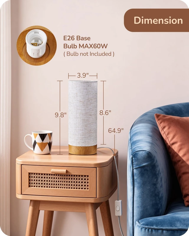 Alt view image 4 of 7 - 9.85" Wood Table Lamp, Cylindrical Beige Linen Lampshade, E26 | ON-OFF Switch, No Assembly Required Nightstand Lamp, Small Bedside Lamp for Bedroom, Kids Room, Living Room, Rosewood Color