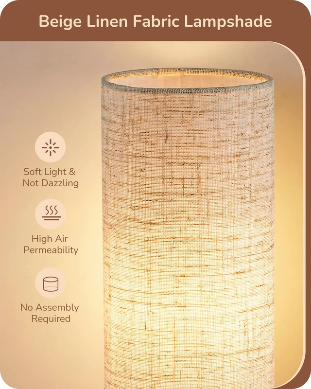 Alt view image 3 of 7 - 9.85" Wood Table Lamp, Cylindrical Beige Linen Lampshade, E26 | ON-OFF Switch, No Assembly Required Nightstand Lamp, Small Bedside Lamp for Bedroom, Kids Room, Living Room, Rosewood Color