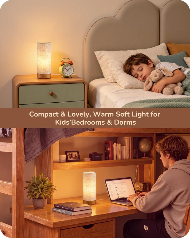 Alt view image 6 of 7 - 9.85" Wood Table Lamp, Cylindrical Beige Linen Lampshade, E26 | ON-OFF Switch, No Assembly Required Nightstand Lamp, Small Bedside Lamp for Bedroom, Kids Room, Living Room, Rosewood Color