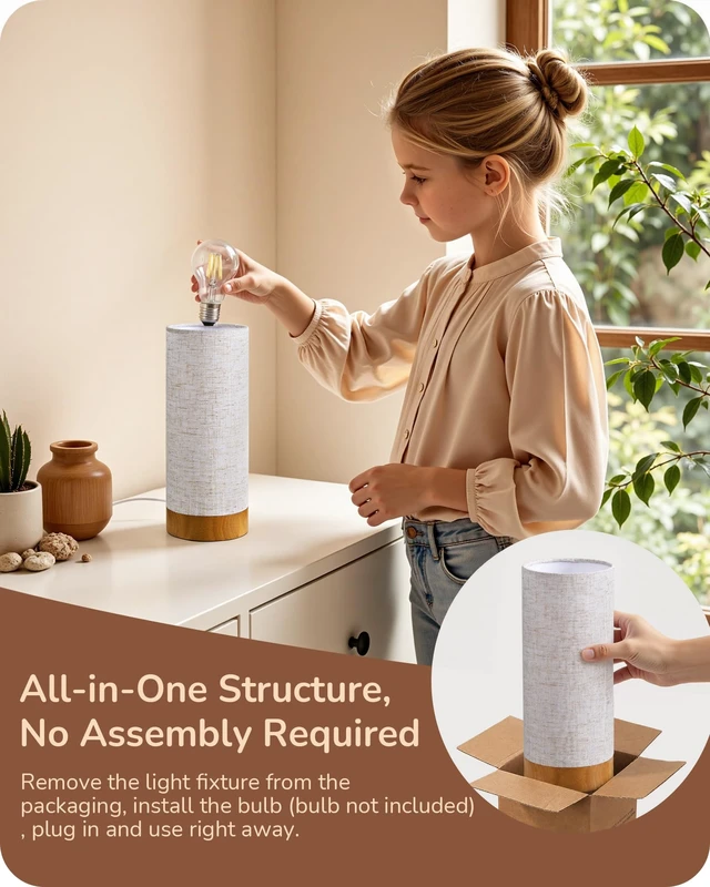 Alt view image 5 of 7 - 9.85" Wood Table Lamp, Cylindrical Beige Linen Lampshade, E26 | ON-OFF Switch, No Assembly Required Nightstand Lamp, Small Bedside Lamp for Bedroom, Kids Room, Living Room, Rosewood Color