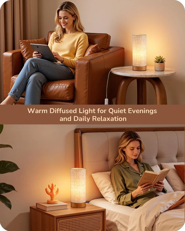Alt view image 7 of 7 - 9.85" Wood Table Lamp, Cylindrical Beige Linen Lampshade, E26 | ON-OFF Switch, No Assembly Required Nightstand Lamp, Small Bedside Lamp for Bedroom, Kids Room, Living Room, Rosewood Color