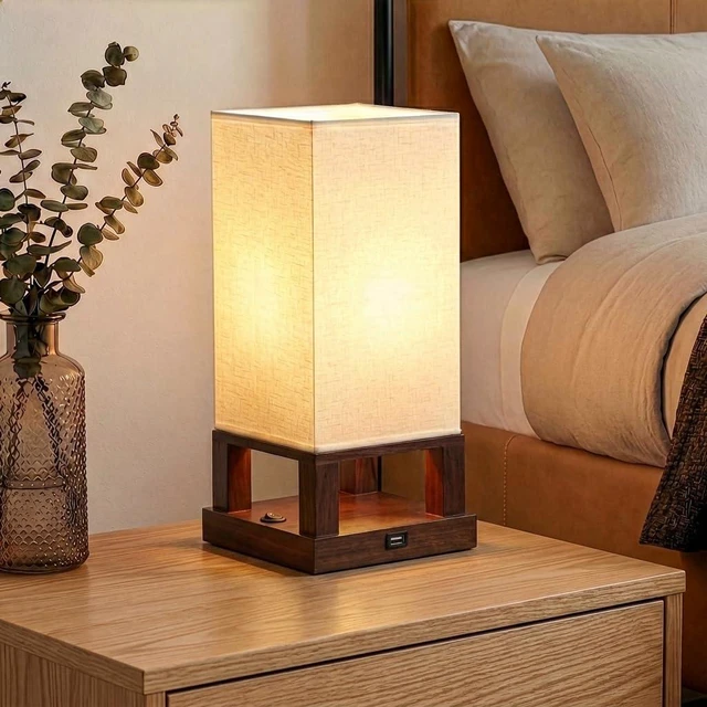 Main image of Maxwell Bedside Lamp with USB Port Compact Table Lamp for Bedroom, Living Room - Modern Asian Nightstand Lamp with Wood Frame - LED Bulb, Soft Light - Havana Brown