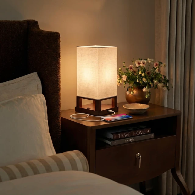 Alt view image 2 of 7 - Maxwell Bedside Lamp with USB Port Compact Table Lamp for Bedroom, Living Room - Modern Asian Nightstand Lamp with Wood Frame - LED Bulb, Soft Light - Havana Brown