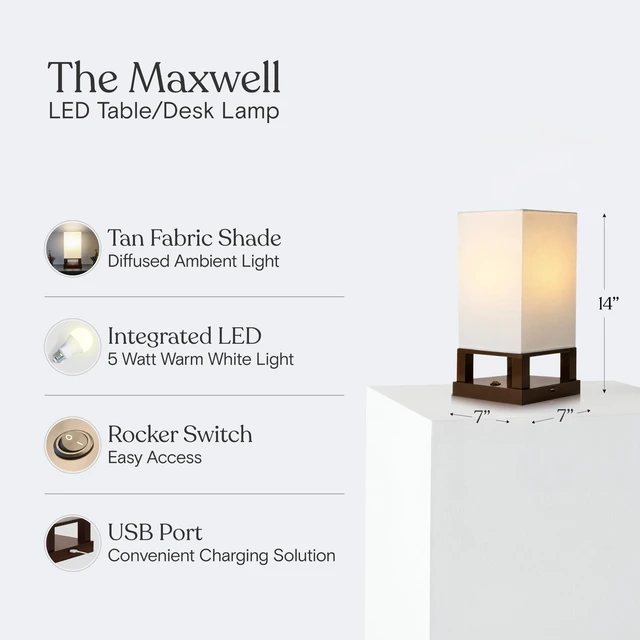 Alt view image 5 of 7 - Maxwell Bedside Lamp with USB Port Compact Table Lamp for Bedroom, Living Room - Modern Asian Nightstand Lamp with Wood Frame - LED Bulb, Soft Light - Havana Brown