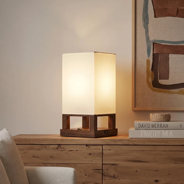 Alt view image 7 of 7 - Maxwell Bedside Lamp with USB Port Compact Table Lamp for Bedroom, Living Room - Modern Asian Nightstand Lamp with Wood Frame - LED Bulb, Soft Light - Havana Brown
