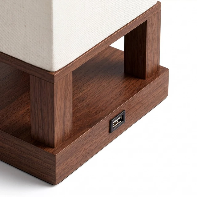 Alt view image 6 of 7 - Maxwell Bedside Lamp with USB Port Compact Table Lamp for Bedroom, Living Room - Modern Asian Nightstand Lamp with Wood Frame - LED Bulb, Soft Light - Havana Brown