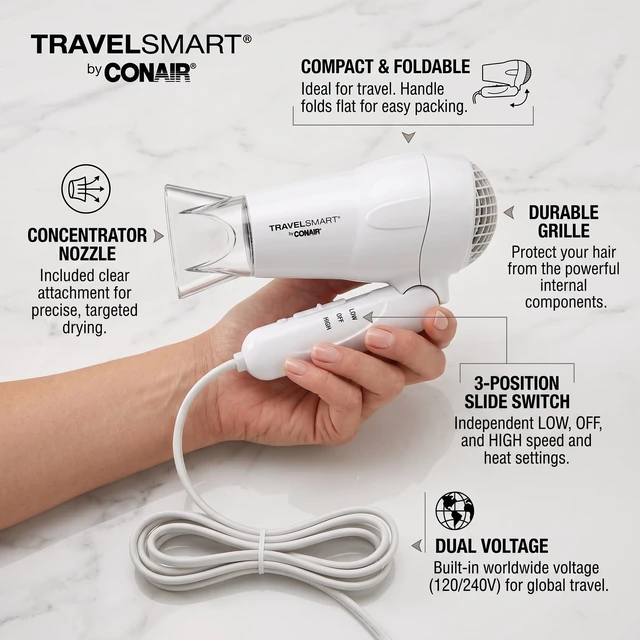 Alt view image 5 of 7 - 1200W Tourmaline Ceramic Travel Hair Dryer with Folding Handle, Worldwide Dual Voltage Compact Blow Dryer, Model TS263XRN