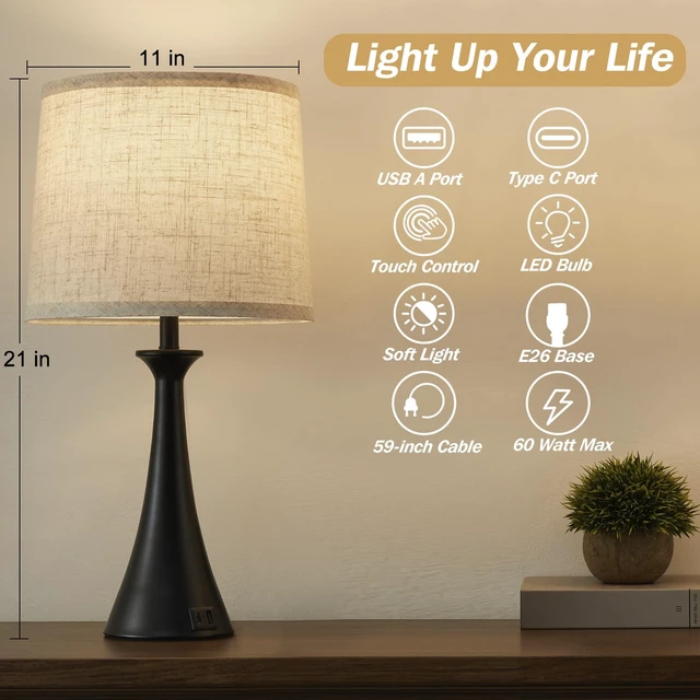Alt view image 2 of 7 - Touch Table Lamps Set of 2, 21" Bedside Lamps with USB C+A, Black | 3 Way Dimmable Nightstand Lamps with Linen Shades, 2 LED Bulbs Included, Touch Lamp for Living Room, Bedroom and End Tables