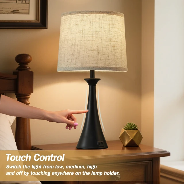 Alt view image 3 of 7 - Touch Table Lamps Set of 2, 21" Bedside Lamps with USB C+A, Black | 3 Way Dimmable Nightstand Lamps with Linen Shades, 2 LED Bulbs Included, Touch Lamp for Living Room, Bedroom and End Tables