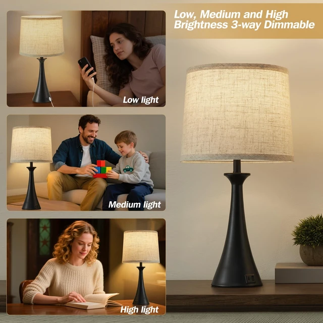 Alt view image 4 of 7 - Touch Table Lamps Set of 2, 21" Bedside Lamps with USB C+A, Black | 3 Way Dimmable Nightstand Lamps with Linen Shades, 2 LED Bulbs Included, Touch Lamp for Living Room, Bedroom and End Tables